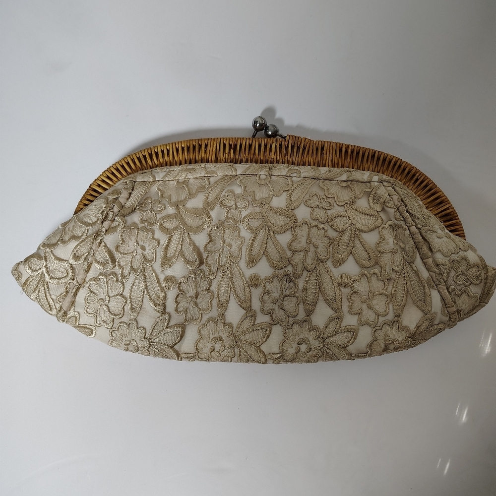 Embroidered Cream Floral Clutch with Wicker Frame